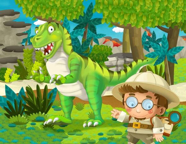 Cartoon Scene Dinosaur Some Professor Jungle Illustration Children — Stock Photo, Image