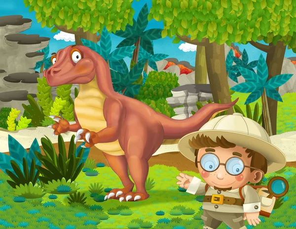 Escena Dibujos Animados Con Dinosaurio Algún Profesor Selva Ilustración Para — Foto de Stock