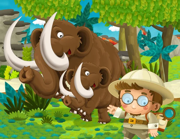 Cartoon Scène Met Dinosaurus Sommige Professor Jungle Illustratie Voor Kinderen — Stockfoto