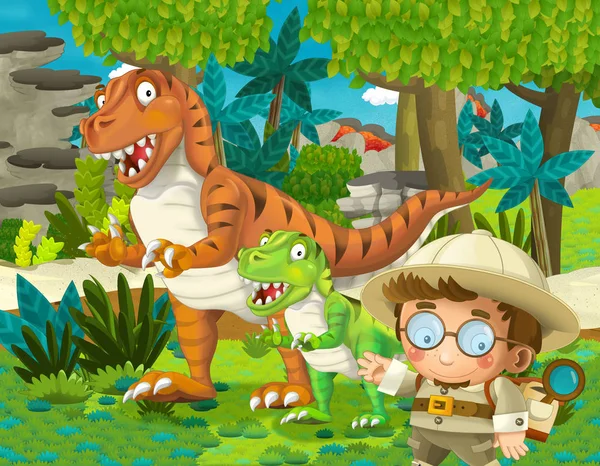 Cartoon Scène Met Dinosaurussen Sommige Professor Jungle Illustratie Voor Kinderen — Stockfoto