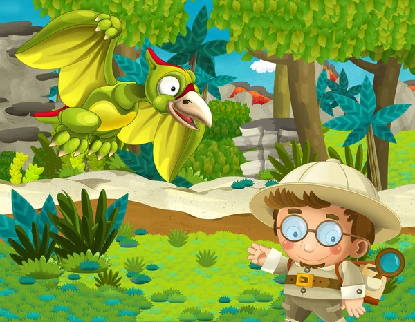 Cartoon Scene Professor Jungle Meeting Flying Dinosaur Way Illustration Children — Stock Photo, Image