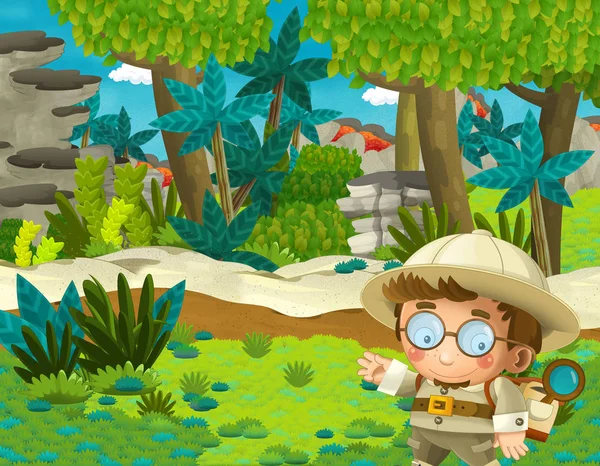 Scène Dessin Animé Avec Professeur Dans Jungle Sur Chemin Aventure — Photo