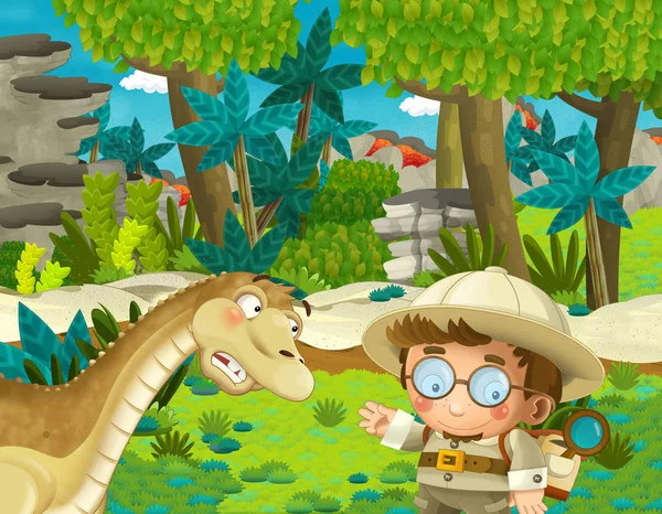 cartoon scene with professor in the jungle meeting dinosaur on the way - illustration for children