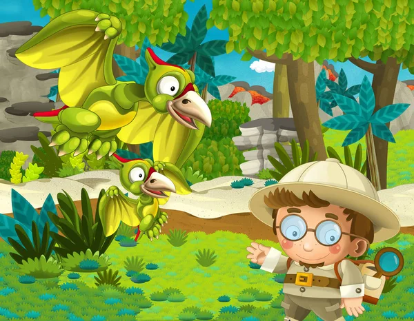 cartoon scene with professor in the jungle meeting flying dinosaur on the way - illustration for children