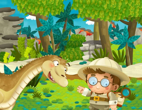 Cartoon Scene Professor Jungle Meeting Dinosaur Way Illustration Children — Stock Photo, Image