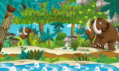 nehir ve meyve ağaçları yakınında seyahat tarih öncesi mamutlar ile karikatür sahne - çocuklar için illüstrasyon