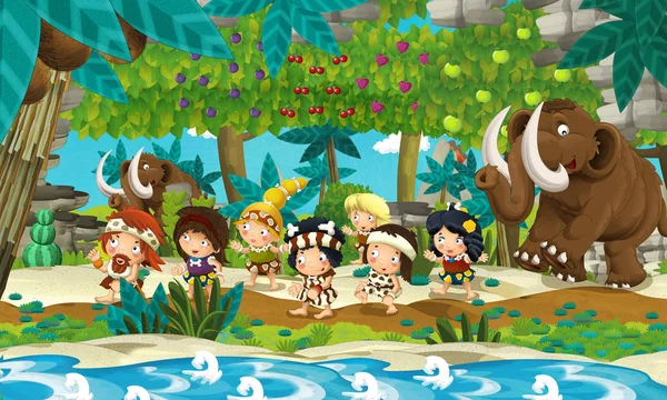 cartoon scene with prehistoric people traveling near the river with mammoths and fruit trees - illustration for children