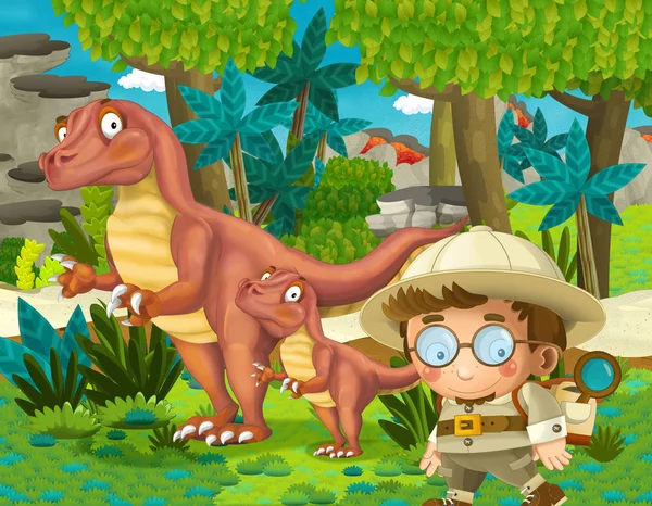 Cartoon Scene Raptor Dinosaurs Some Professor Jungle Illustration Children — Stock Photo, Image