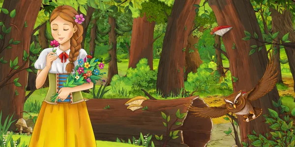 Escena de dibujos animados con la joven feliz en el bosque con un par de búhos volando - ilustración para los niños —  Fotos de Stock