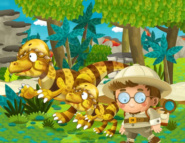 cartoon scene with dinosaurs and some professor in the jungle - illustration for children