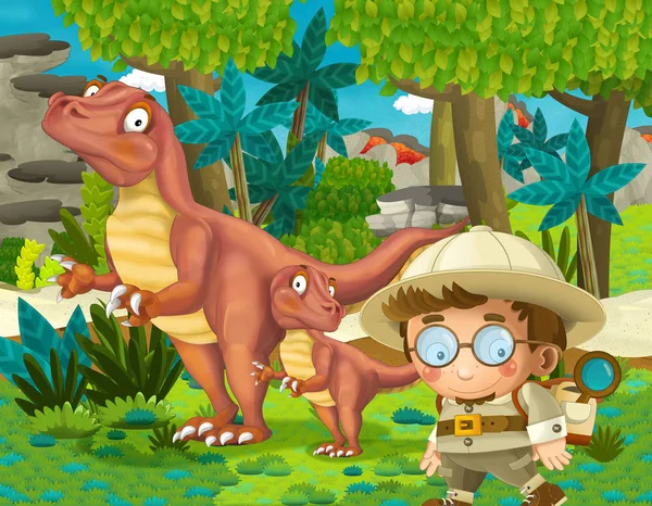 Cartoon Scene Raptor Dinosaurs Some Professor Jungle Illustration Children — Stock Photo, Image