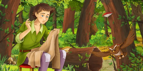 Cena dos desenhos animados com homem mais velho agricultor na floresta encontrando par de corujas voando - ilustração para crianças — Fotografia de Stock