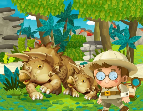 Cartoon scene with professor in time travel meeting triceratops in the jungle illustration for children — Stock Photo, Image