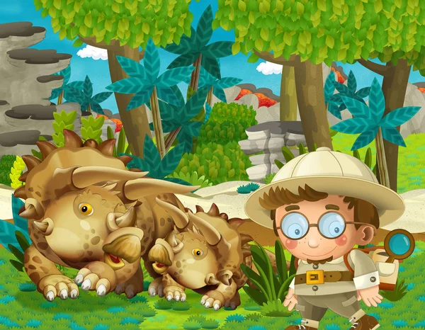 Cartoon scène met professor in tijd reizen vergadering Triceratops in de jungle illustratie voor kinderen — Stockfoto