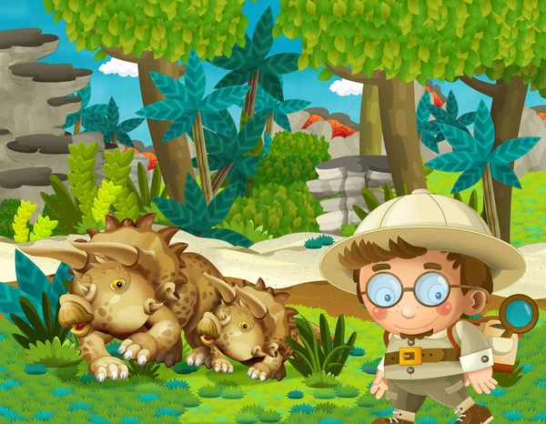 Cartoon scène met professor in tijd reizen vergadering Triceratops in de jungle illustratie voor kinderen — Stockfoto