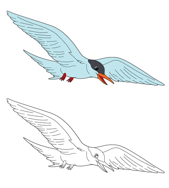 Scène de dessin animé avec sterne oiseau volant isolé sur fond blanc avec illustration de carnet de croquis de coloriage pour enfants — Photo