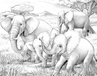 çocuklar için filler safari cadı boyama sayfası sketchbook illüstrasyon ailesi ile karikatür sahne