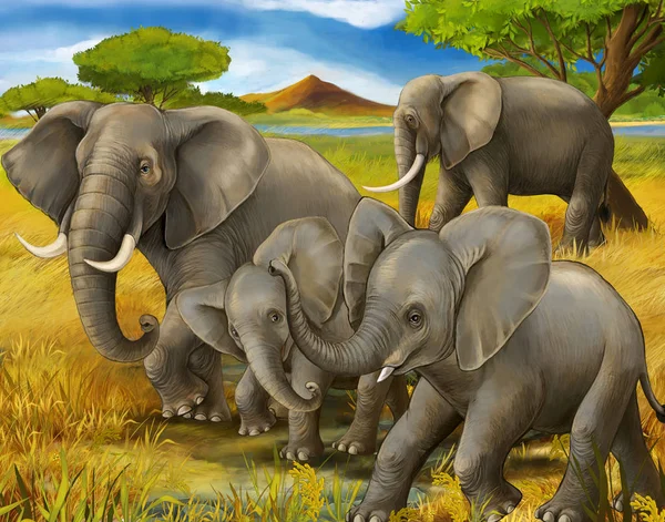 卡通场景与大象家庭野生动物园插图为儿童 — 图库照片