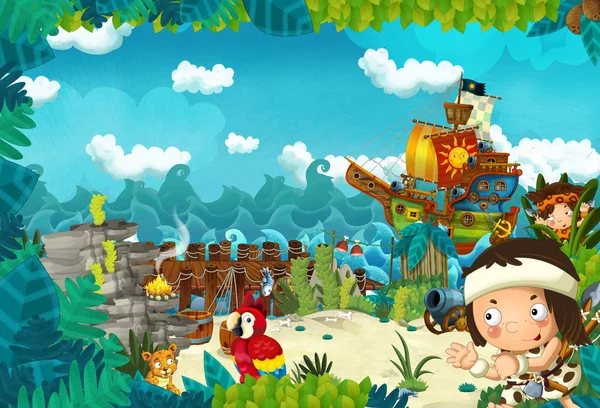 cartoon scene in the jungle near the sea on the stage and camp fire and pirate ship - illustration for children