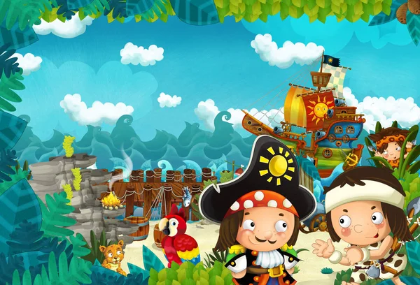 Cartoon Scène Jungle Buurt Van Zee Het Podium Kampvuur Piratenschip — Stockfoto