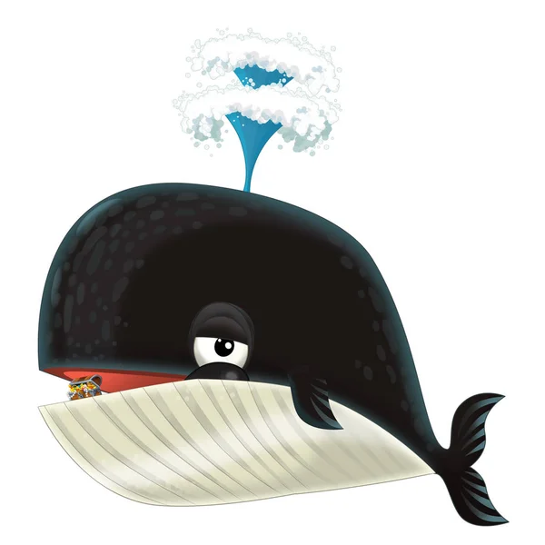 Cartone animato felice e divertente balena marina spruzzando acqua e tesoro - illustrazione per i bambini — Foto Stock