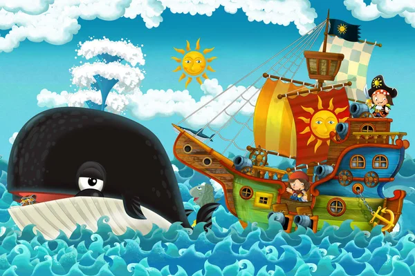 Escena de dibujos animados con barco pirata navegando a través de los mares con piratas felices reunión de natación ballena - ilustración para los niños — Foto de Stock