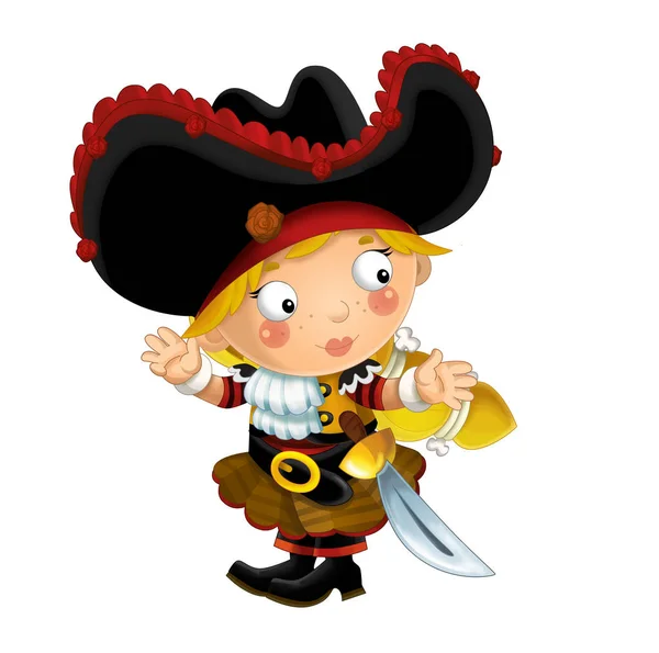 happy smiling cartoon medieval pirate woman standing smiling with sword on white background - illustration for children