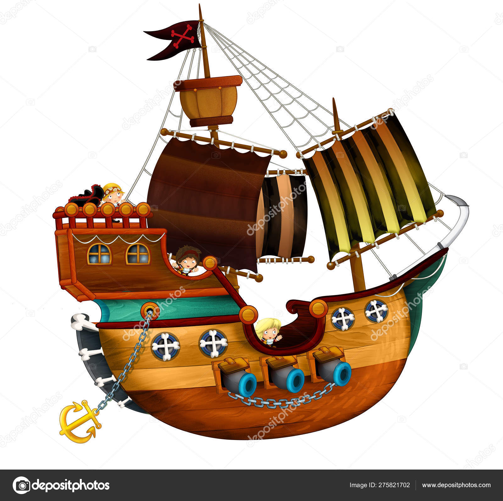 Barco pirata de dibujos animados con cañones sobre fondo blanco -  ilustración para los niños Ilustración de stock #275821702 de  ©illustrator_hft, image size:1600x1593