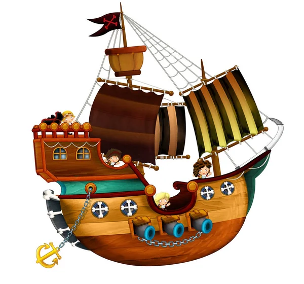 Navio pirata de desenhos animados com canhões sobre fundo branco - ilustração para as crianças — Fotografia de Stock