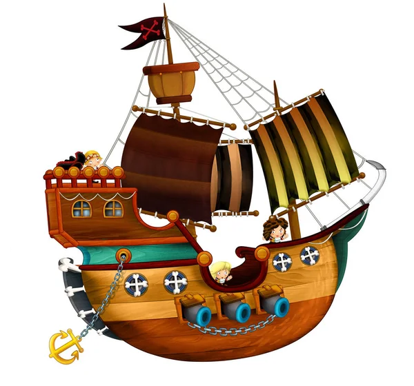Nave pirata dei cartoni animati con cannoni su sfondo bianco - illustrazione per i bambini — Foto Stock