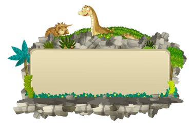 çocuklar için beyaz arka plan illüstrasyon kayalar ve bitkiler triceratops ve diplodocus ile doğal başlık çerçeve ile karikatür sahnesi