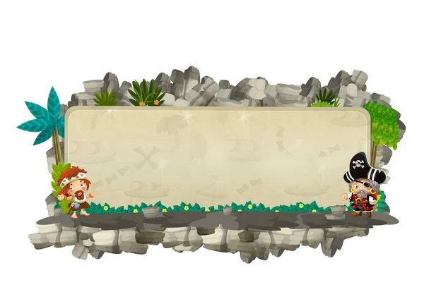 Escena de dibujos animados con marco de título natural con rocas y plantas cavernícola y pirata sobre fondo blanco ilustración para niños —  Fotos de Stock