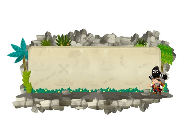 Escena de dibujos animados con marco de título natural con rocas y plantas pirata sobre fondo blanco ilustración para niños —  Fotos de Stock