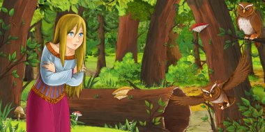 ormanda uçan baykuş çifti karşılaşan mutlu genç kız ile karikatür sahnesi - çocuklar için illüstrasyon