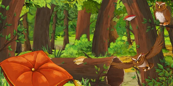 Летняя сцена мультфильма с глубоким лесом и птичьей совой и подушкой - никого на сцене - иллюстрация для детей — стоковое фото