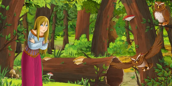 Escena de dibujos animados con la joven feliz en el bosque con un par de búhos volando - ilustración para los niños —  Fotos de Stock