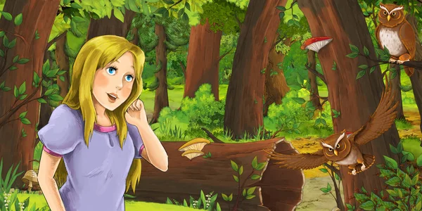 Scena del cartone animato con felice ragazza nella foresta incontrando coppia di gufi che volano - illustrazione per bambini — Foto Stock