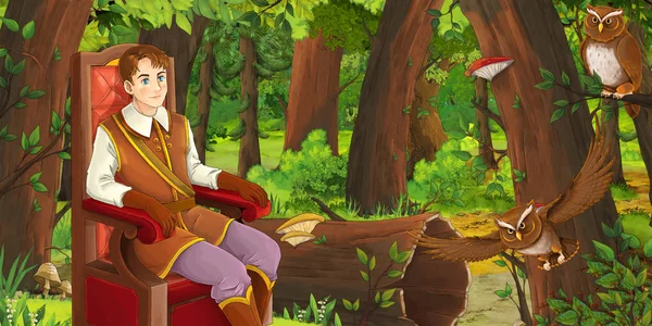 Scène de dessin animé avec heureux jeune garçon prince dans la forêt rencontrant paire de hiboux volant illustration pour les enfants — Photo