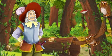 ormanda mutlu genç çocuk Prens ile karikatür sahne baykuşlar uçan çifti karşılaşma-çocuklar için illüstrasyon