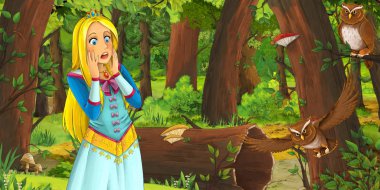 ormanda uçan baykuş çifti karşılaşan mutlu genç kız ile karikatür sahnesi - çocuklar için illüstrasyon