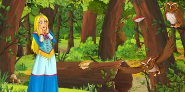 ormanda uçan baykuş çifti karşılaşan mutlu genç kız ile karikatür sahnesi - çocuklar için illüstrasyon