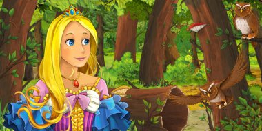 ormanda uçan baykuş çifti karşılaşan mutlu genç kız ile karikatür sahnesi - çocuklar için illüstrasyon