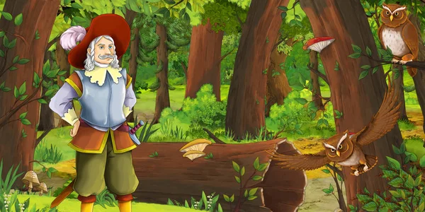 森の中で幸せな少年王子とフクロウのペアが飛んで遭遇する漫画のシーン - 子供のためのイラスト — ストック写真