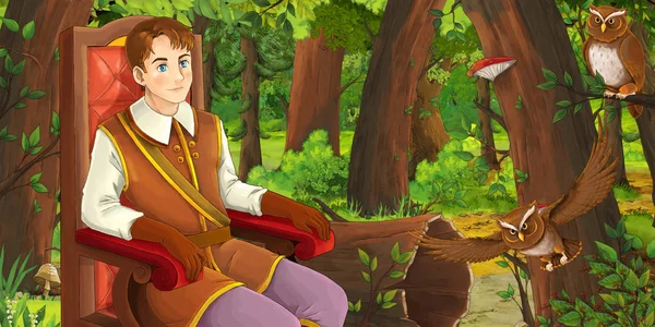 올빼미 비행의 쌍을 만나는 숲에서 행복한 어린 소년 왕자와 만화 장면 - 어린이를위한 그림 — 스톡 사진