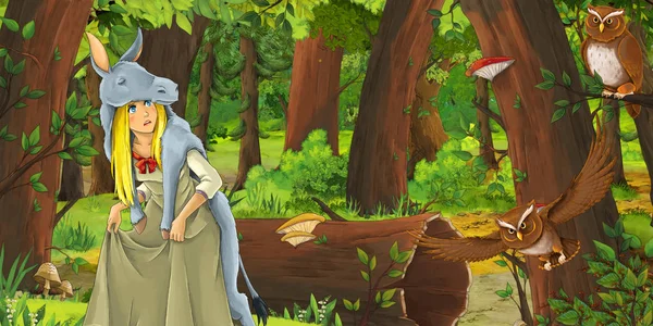 Adegan kartun dengan gadis muda yang bahagia di hutan menghadapi sepasang burung hantu terbang ilustrasi untuk anak-anak — Stok Foto