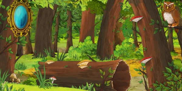 Cartoon summer scene with deep forest mirror and bird owl - nobody on scene - illustration for children — Stock Photo, Image