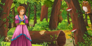 ormanda uçan baykuş çifti karşılaşan mutlu genç kız ile karikatür sahnesi - çocuklar için illüstrasyon