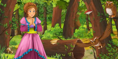 ormanda uçan baykuş çifti karşılaşan mutlu genç kız ile karikatür sahnesi - çocuklar için illüstrasyon