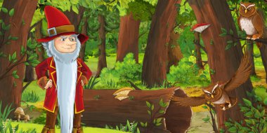 ormanda uçan baykuş çifti karşılaşan mutlu cüce çocuk prens ile karikatür sahnesi - çocuklar için illüstrasyon