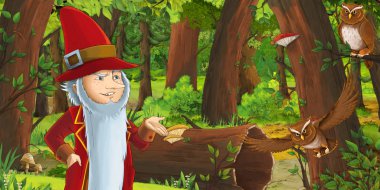 ormanda uçan baykuş çifti karşılaşan mutlu cüce çocuk prens ile karikatür sahnesi - çocuklar için illüstrasyon